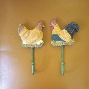 Set of Two Ceramic & Metal Rooster & Hen Hooks, Kitchen Chicken Hooks